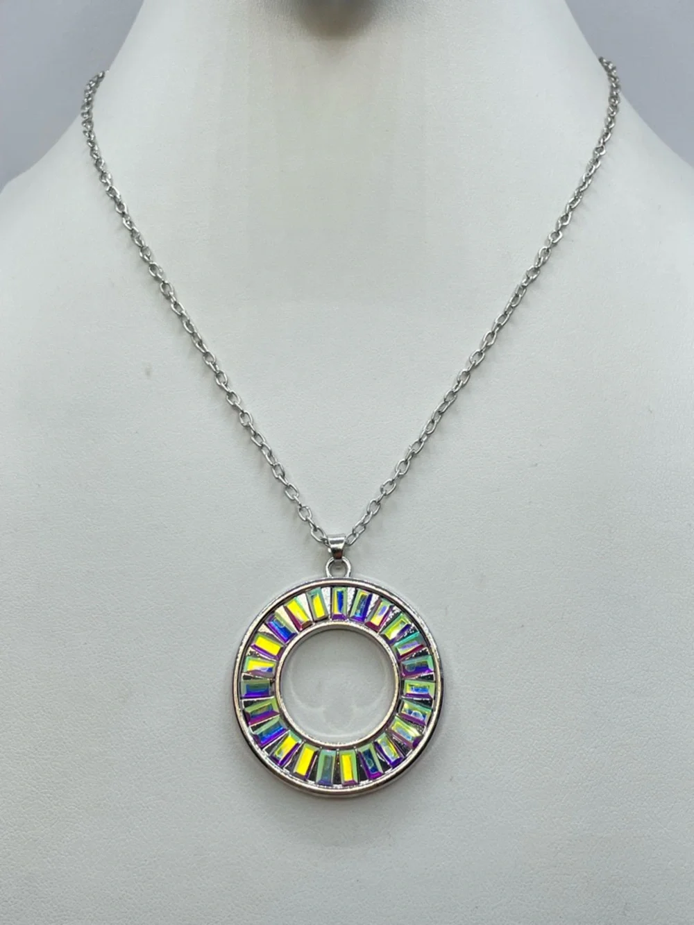 Silver Tone AB Crystal Necklace Aurora Borealis Sparkle Statement